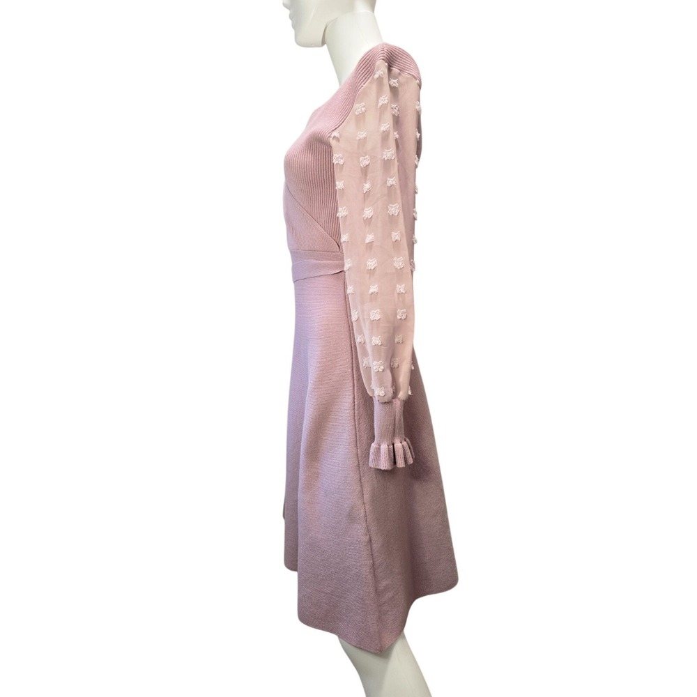 Chicwish Wrap Knit Dress Blush Pink Long Sleeve Dot Mesh Sleeve Fit & Flare M - Picture 5 of 11